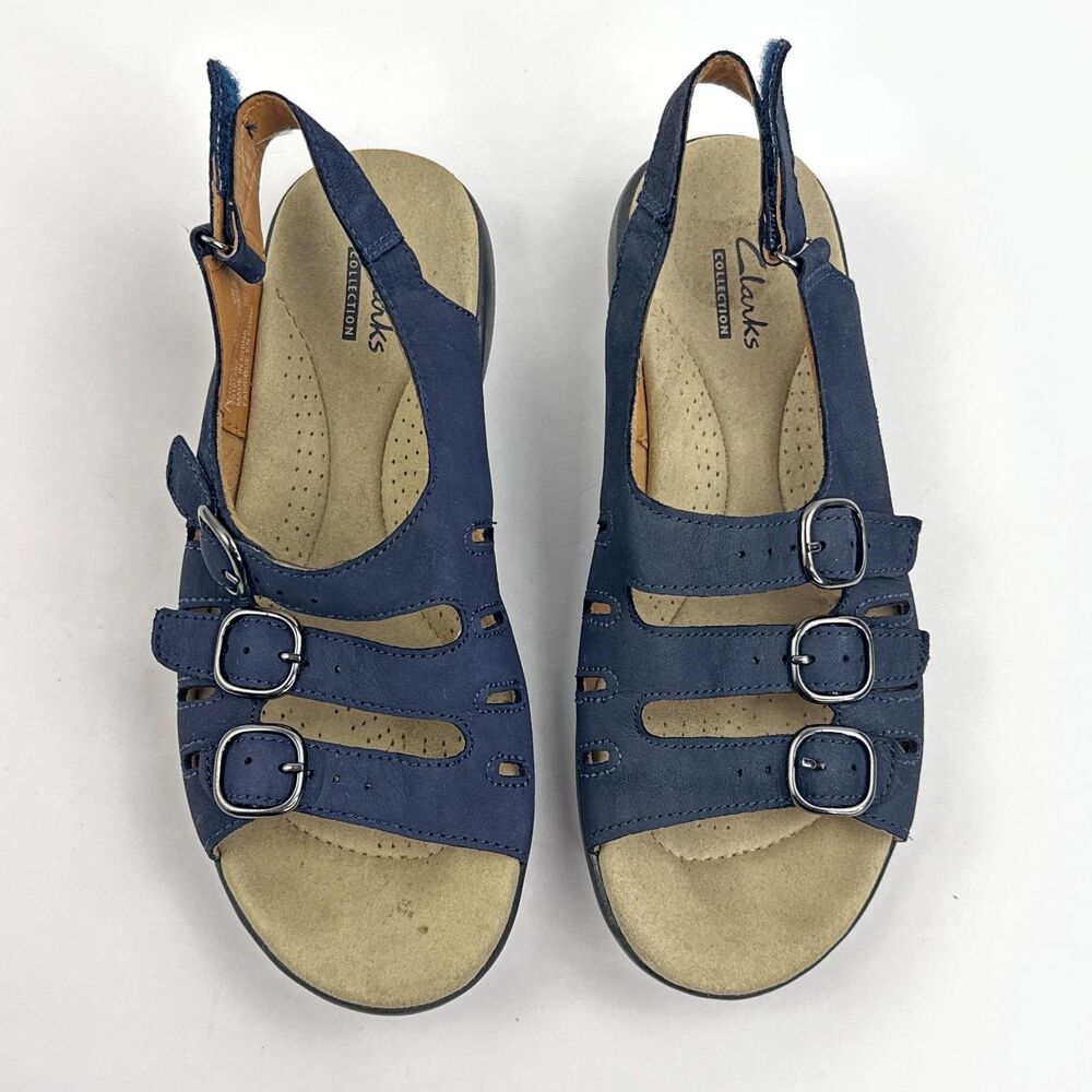 Clarks Sandals Womens 6.5 Navy Blue Nubuck Triple Buckle Sligback Wedge Saylie - Picture 8 of 10